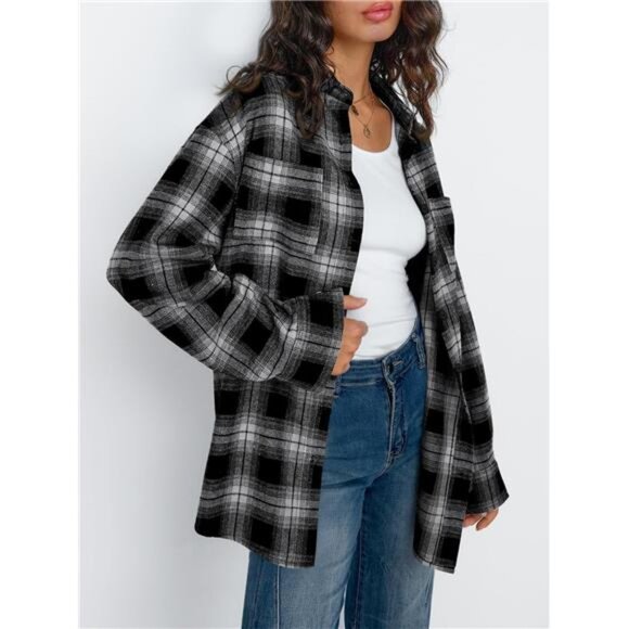 Women's Long Sleeve Flannel Shacket Button-Down Blouse - Plaid Top for Fall - Picture 4 of 7